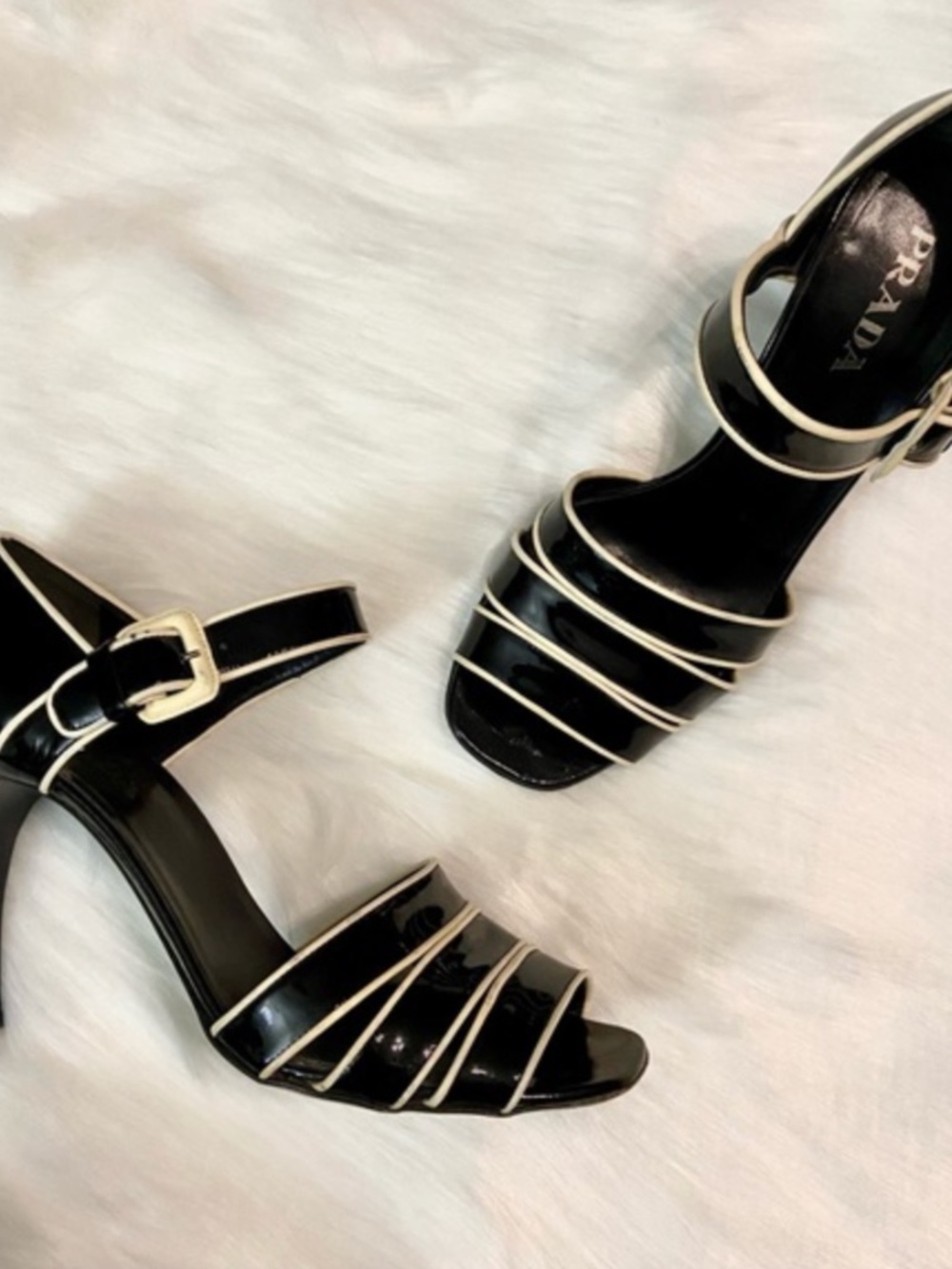 PRADA patent leather Stripe Open Toe Mary Jane Heels sz. 6.5